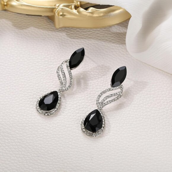 Women’s Crystal Dangle Earrings Bridal Wedding Hollow Leaf Teardrop Jewelry - Picture 4 of 6